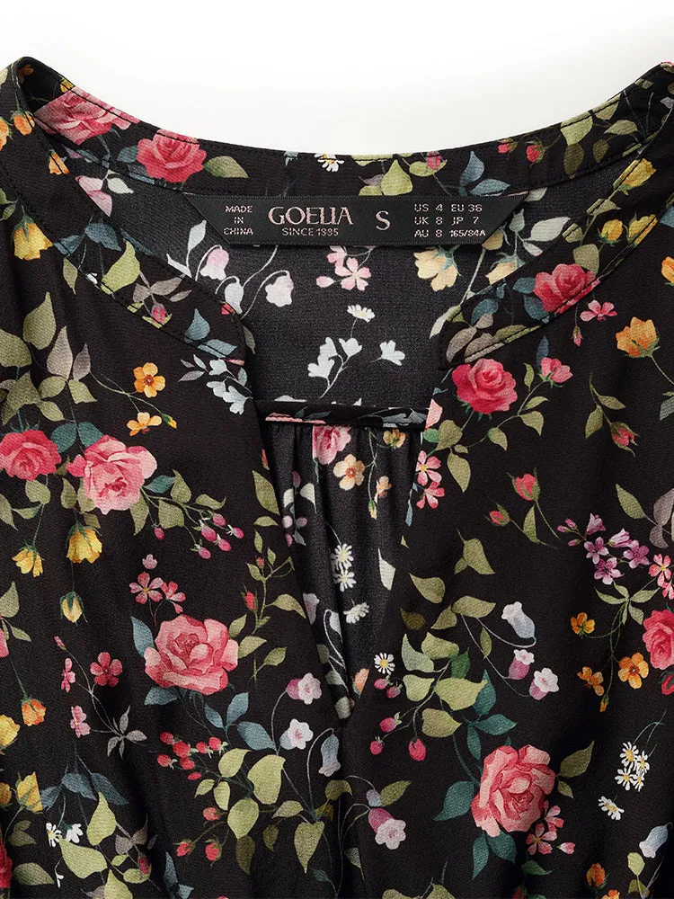 Mulberry Silk Rose Printed V-Neck Puff Sleeves Women Midi Dress