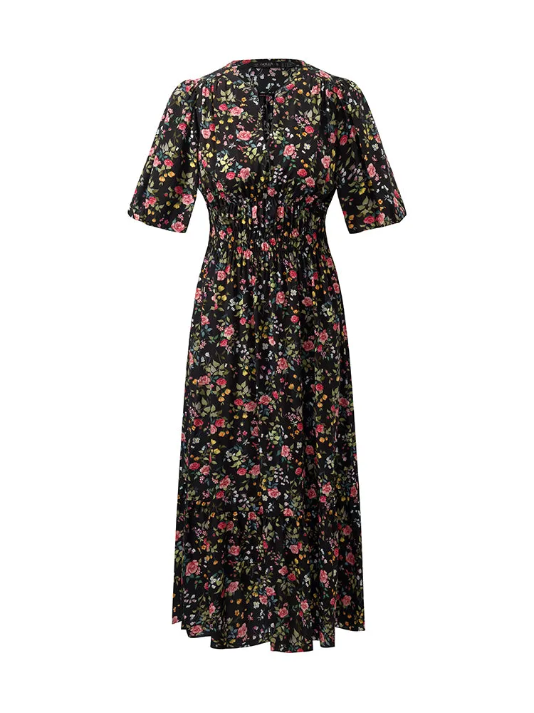 Mulberry Silk Rose Printed V-Neck Puff Sleeves Women Midi Dress
