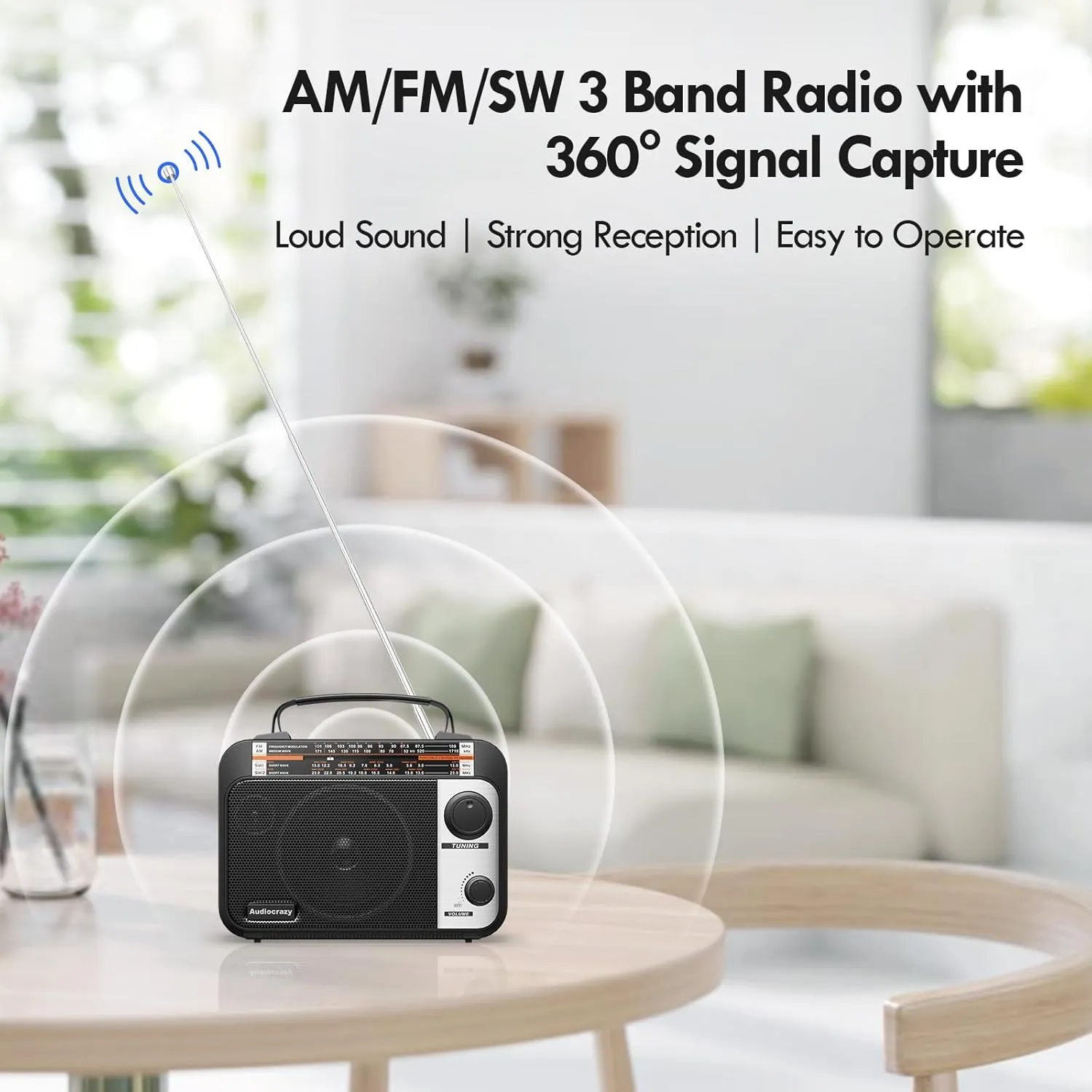 Multi-Band AM/FM/SW1-2 Radio Transistor Radio AC or Battery Operated with Best Reception Big Speaker and Precise Tuning Knob with AUX in & 3.5mm Earphone Jack
