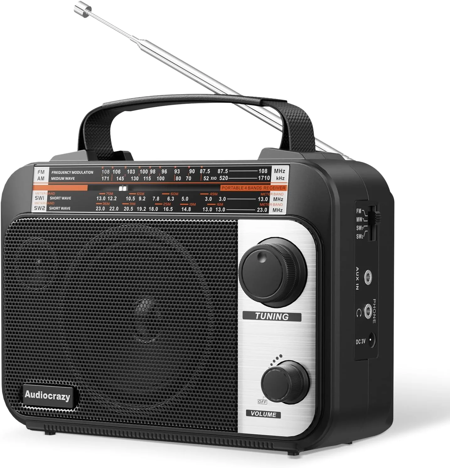 Multi-Band AM/FM/SW1-2 Radio Transistor Radio AC or Battery Operated with Best Reception Big Speaker and Precise Tuning Knob with AUX in & 3.5mm Earphone Jack