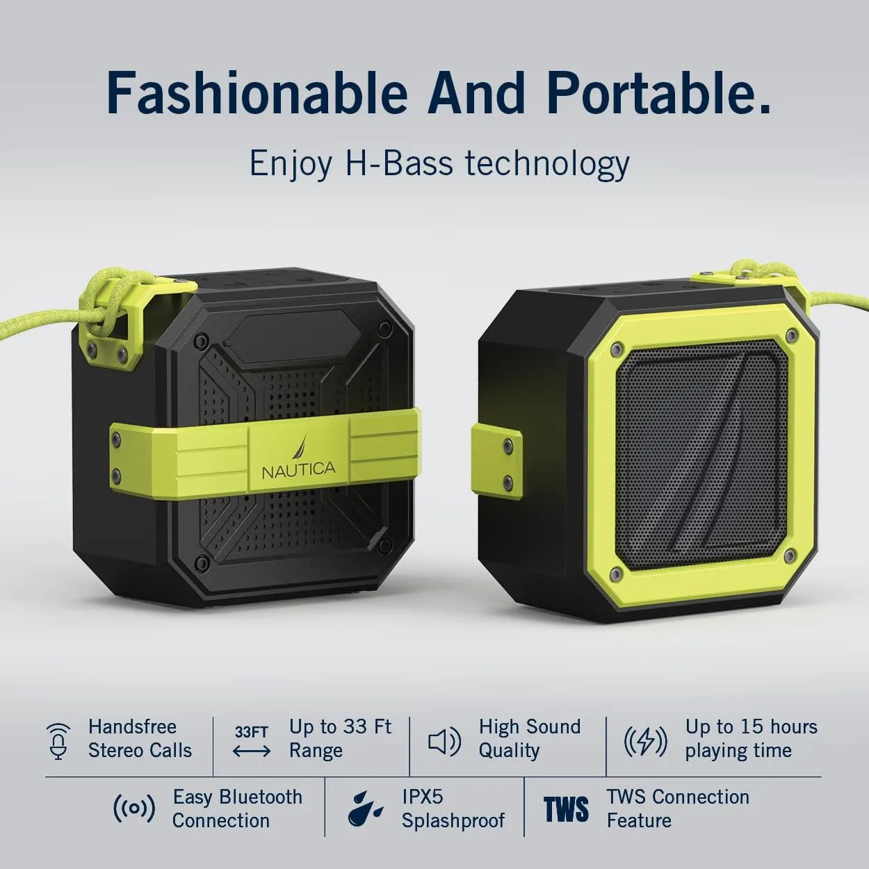 NAUTICA Bluetooth Portable Speaker, Waterproof Wireless Speaker, Outdoor, Bluetooth Patio Speakers, Loud Sound, Clear Audio, USB Drive, 15-Hour Playtime (Black/Green)