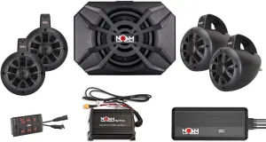 NOAM NUTV4-S Quad - Marine Bluetooth ATV/Golf Cart/UTV Speakers Stereo System | Two amplifiers - Four Channels Amplifier and Mono Amplifier | Four Tower Speakers | NSUB.2 Subwoofer