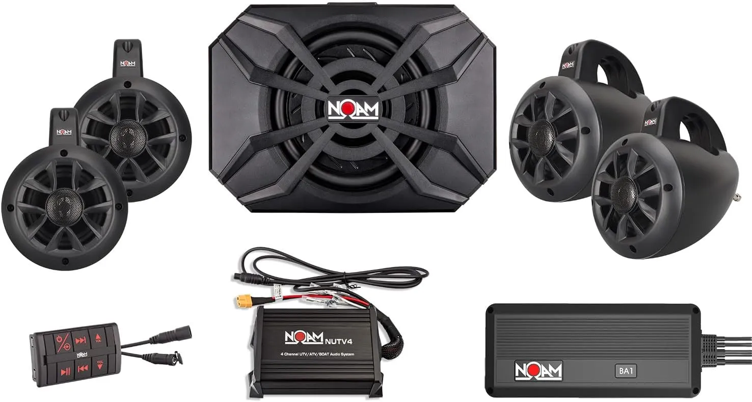 NOAM NUTV4-S Quad - Marine Bluetooth ATV/Golf Cart/UTV Speakers Stereo System | Two amplifiers - Four Channels Amplifier and Mono Amplifier | Four Tower Speakers | NSUB.2 Subwoofer
