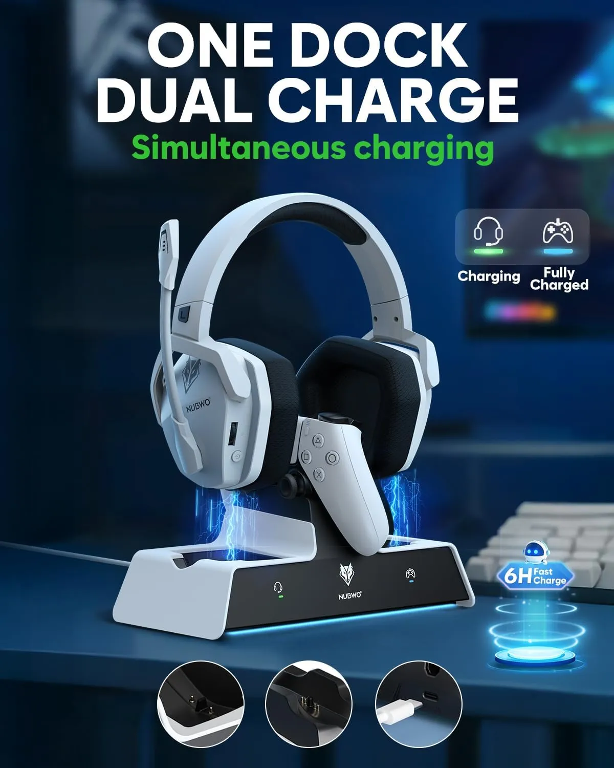 NUBWO G06 Pro Wireless Gaming Headset with Charging Station for Headset & PS5 Controller, 17ms Low Latency, 120H Battery Life, Dynamic 50mm Drivers-White (NOT Compatible with Xbox)