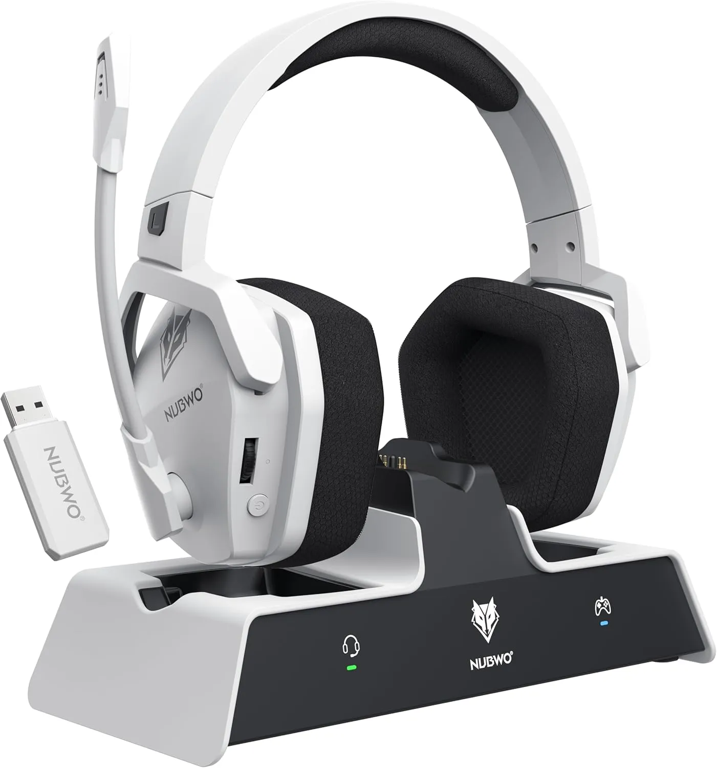 NUBWO G06 Pro Wireless Gaming Headset with Charging Station for Headset & PS5 Controller, 17ms Low Latency, 120H Battery Life, Dynamic 50mm Drivers-White (NOT Compatible with Xbox)