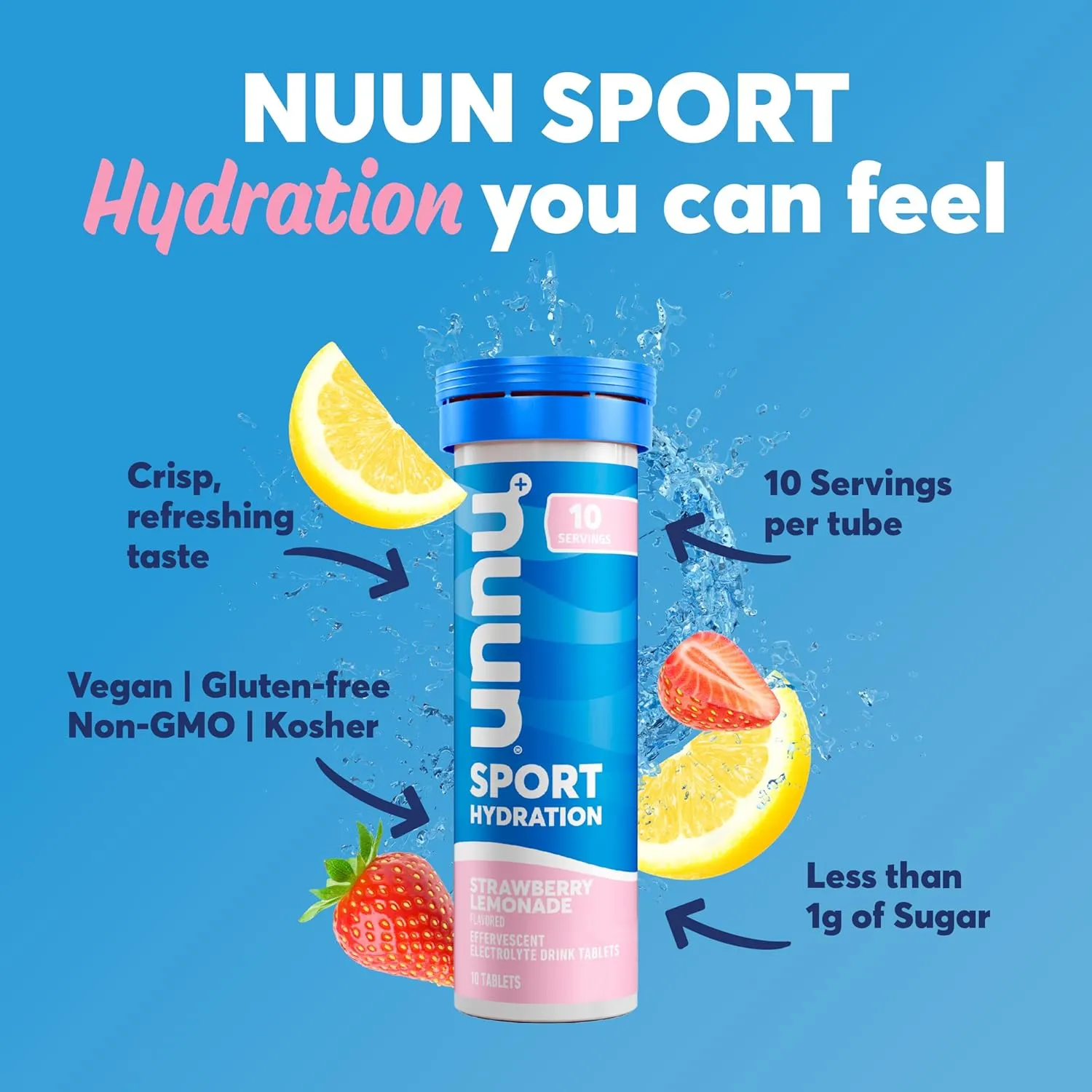 Nuun Sport Electrolyte Tablets for Proactive Hydration, Strawberry Lemonade, 8 Pack (80 Servings)