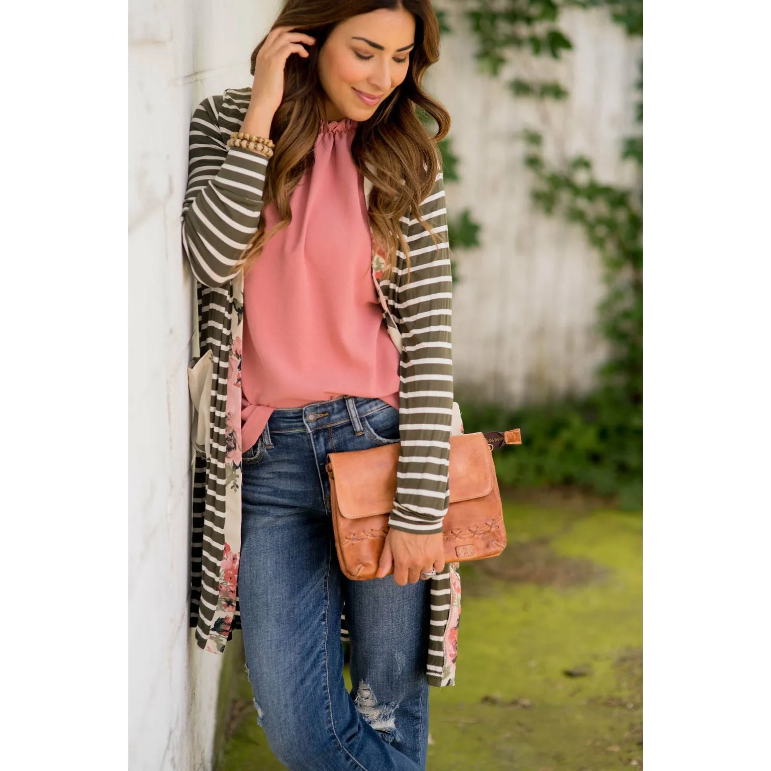 Olive Floral Trimmed Tunic Cardigan