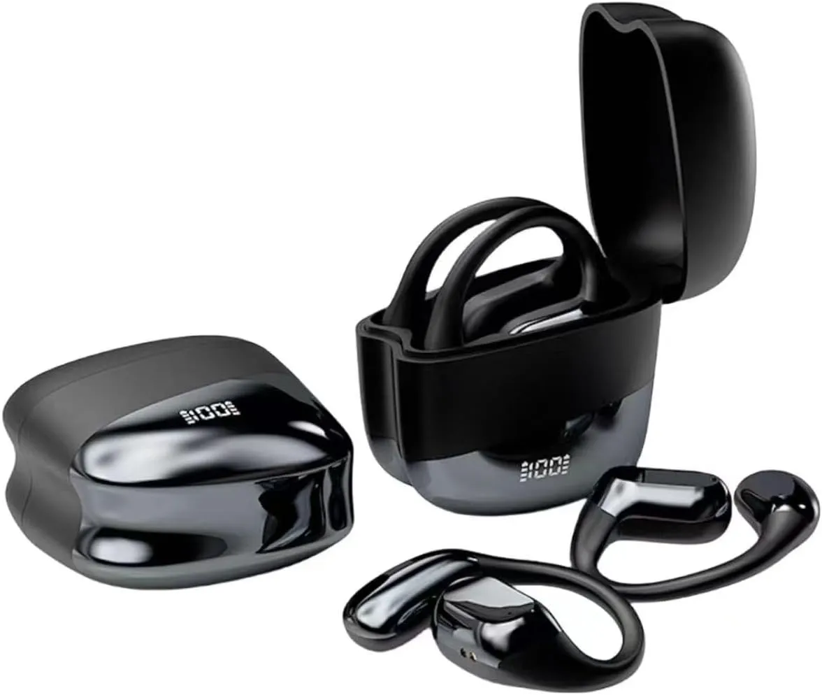 Open Ear Clip Headphones, Air Conduction Wireless Earbuds Bluetooth 5.3 Sports Earphones Built-in Mic, Noise Reduction, 48H Playtime Charging Case LED Display, Fitness Running Ear Buds, Black