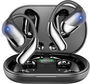 Open Ear Clip Wireless Earbuds Bone Conduction Headphones, Bluetooth 5.4, Open Ear Design, Built-in Mic, IPX7 Waterproof, LED Display Charging Case,Ear Hooks Ear Buds,Design for Running Fitness