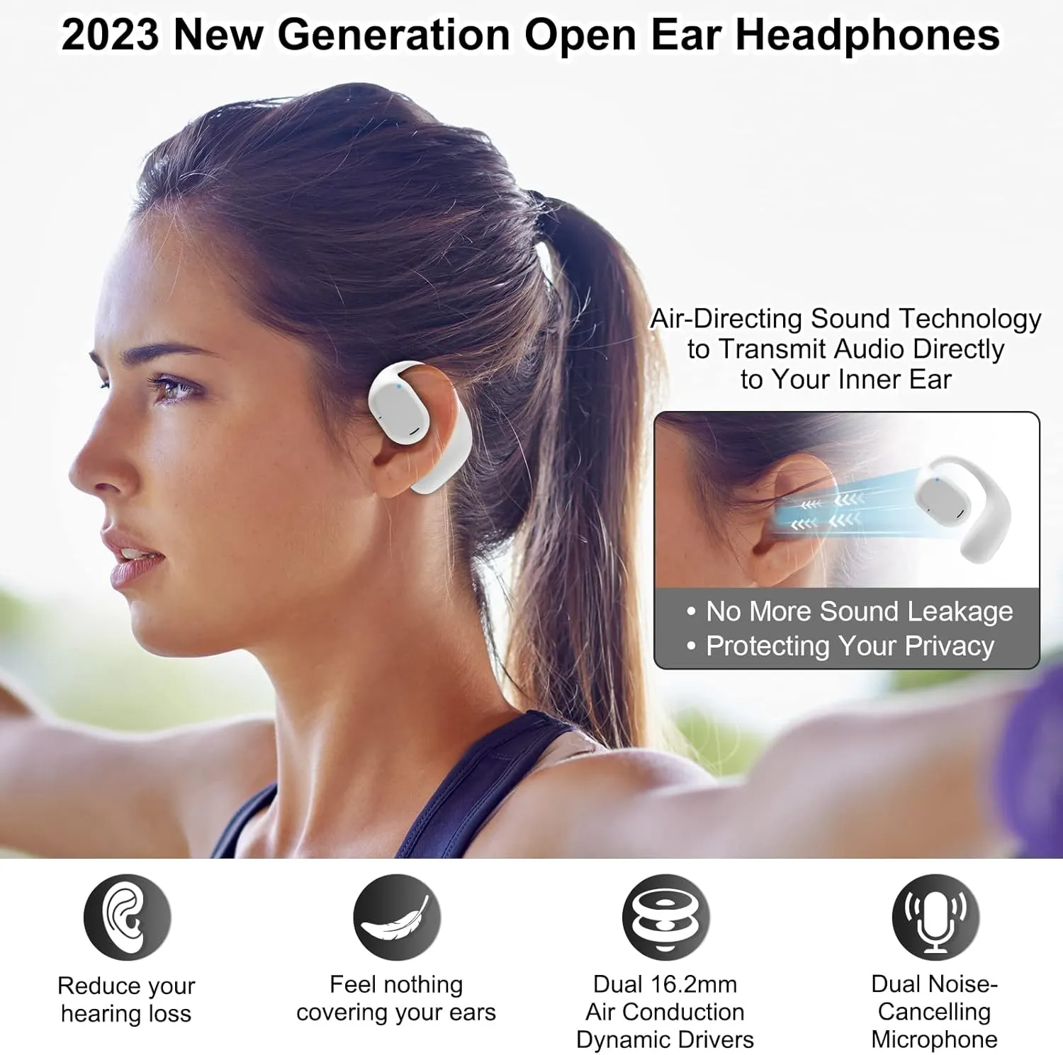 Open Ear Headphones VG332, Air Conduction Headphones Bluetooth 5.3 Touch Control Wireless Earbuds, Up to 16 Hours Playtime Earphones with Dual 16.2mm Dynamic Drivers