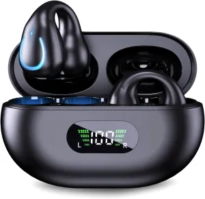 Open Ear Headphones Wireless Bluetooth 5.3 Clip On Earbuds with Digital Display Charging Case Button Control Bone Conduction Mini Sport Earphones Built-in Mic IPX7 Waterproof for Running Fitness Black