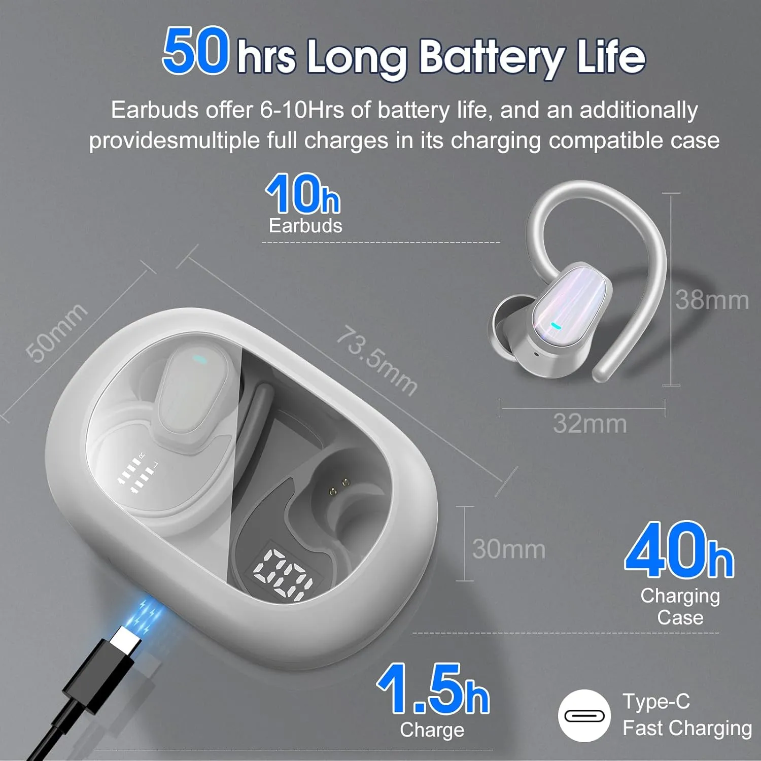 OYIB Wireless Earbuds Bluetooth 5.4 Headphones Sport, 50H Bluetooth Earbuds with Earhooks, Over Ear Bud Deep Bass with ENC Mic, IP7 Waterproof Wireless Earphone for Workout/Running, Gray