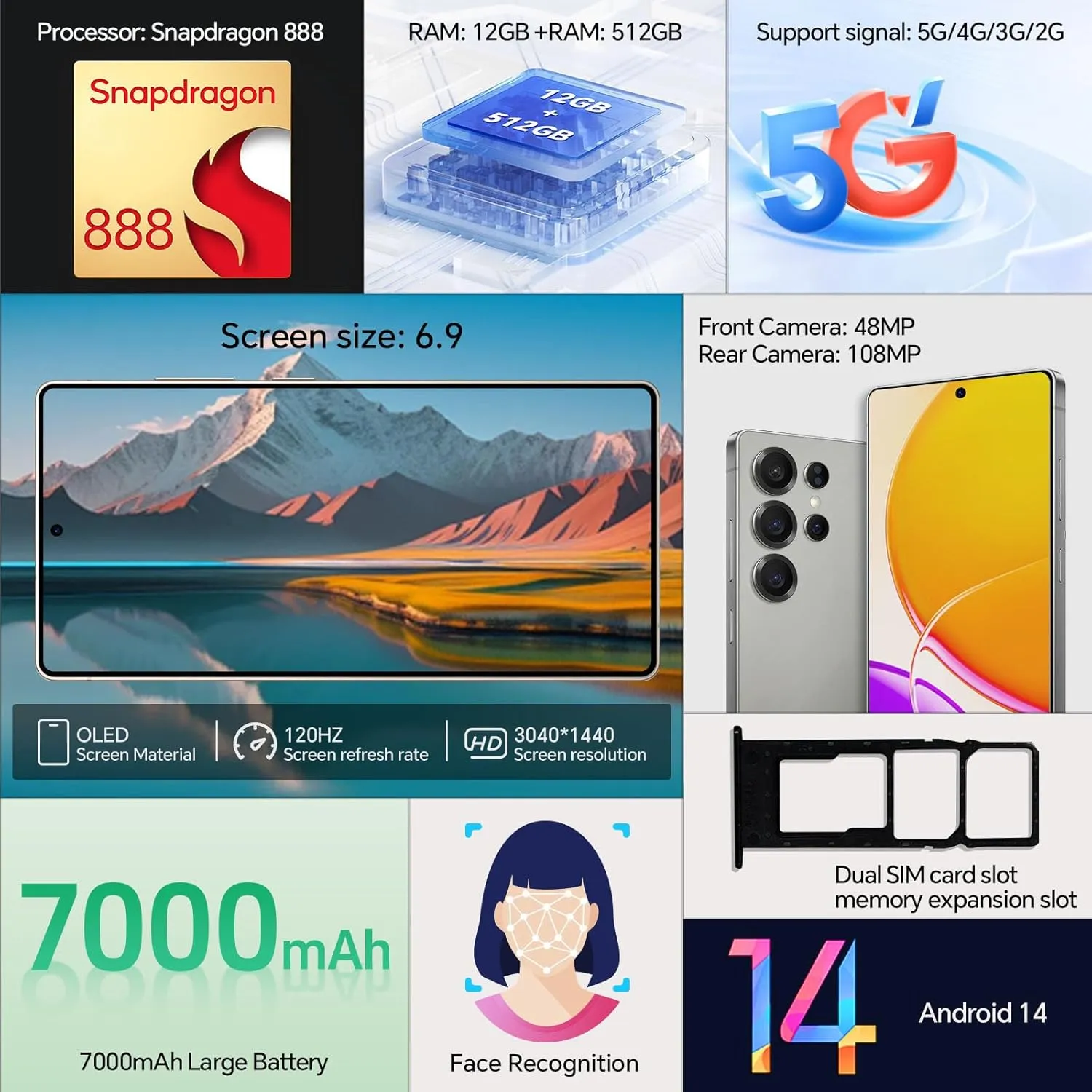 P25 Ultra Unlocked Phones,Built-in Pen Smartphone,12 512GB,Snapdragon 888, Long Battery Life 7000mAh, 6.9 FHD Screen,48 108MP Camer,Face ID/Fingerprint Lock/, Android 14/Dual SIM (White)