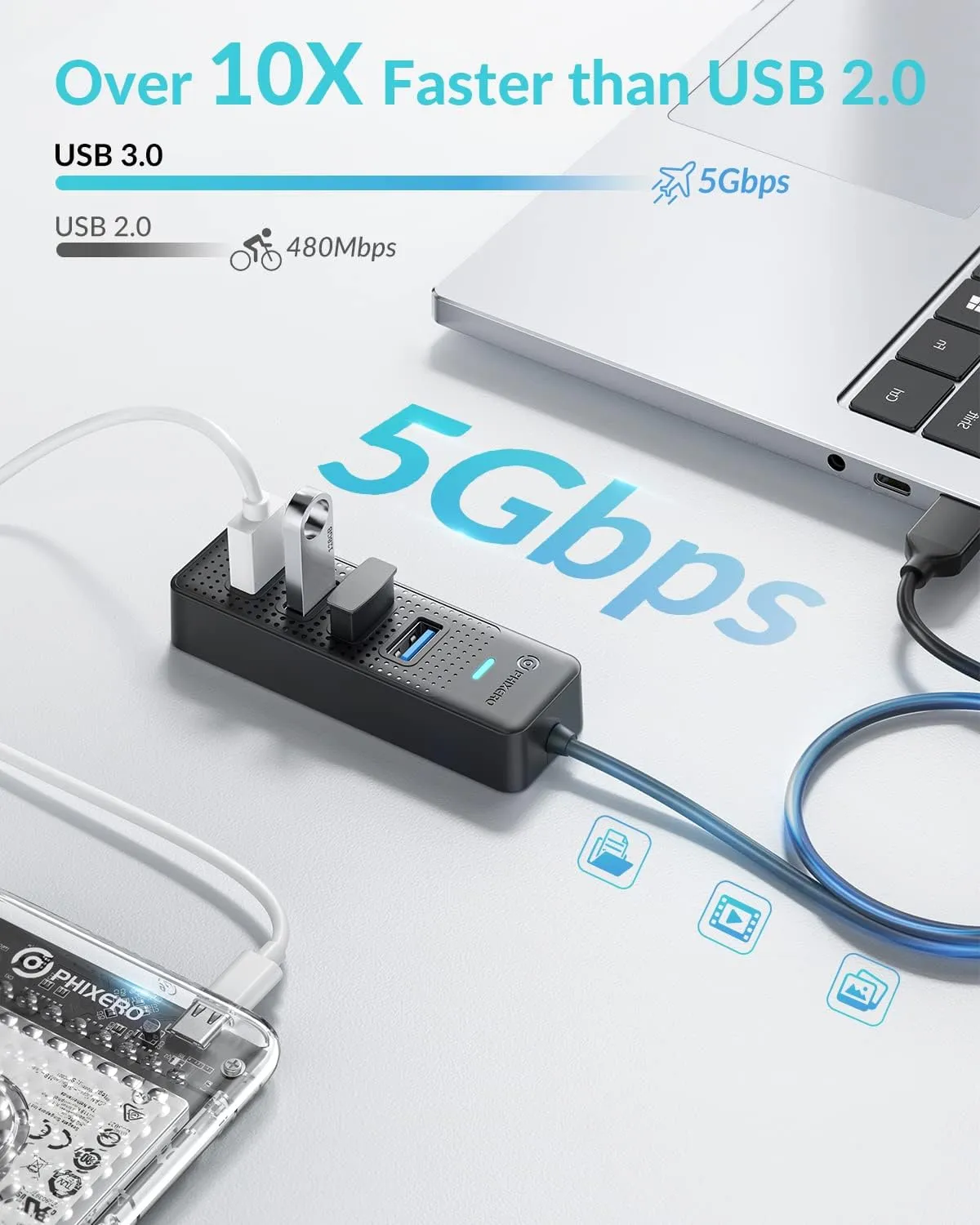 PHIXERO USB 3.2 Gen1 Hub, USB A 4-Port Splitter for Laptop, Desktop PC, Xbox, PS5, and More(1.6ft)