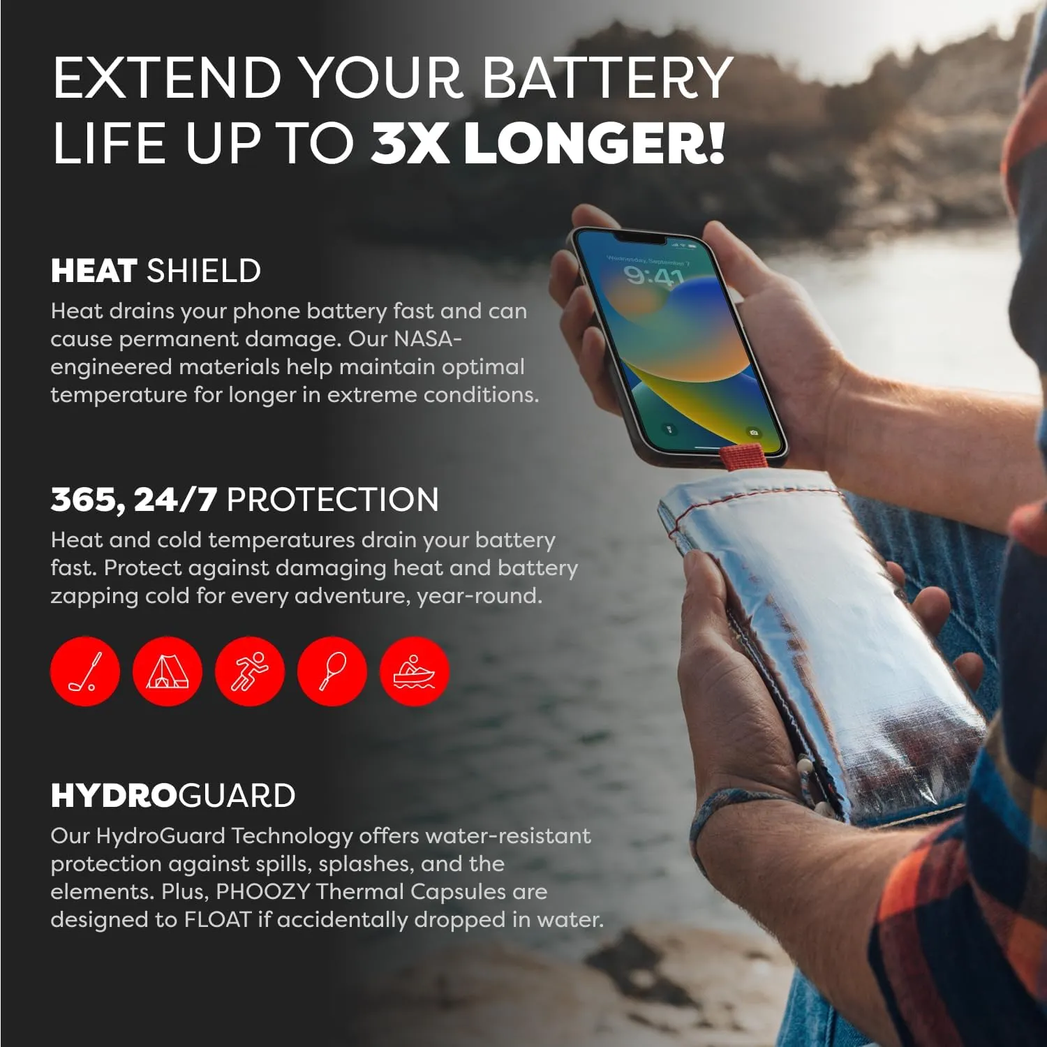 PHOOZY Thermal Phone Case - Apollo Series : Cell Phone Pouch Prevents Overheating from Sun Exposure, Extends Battery Life, Provides Drop Protection and Floats in Water (Large-Silver)