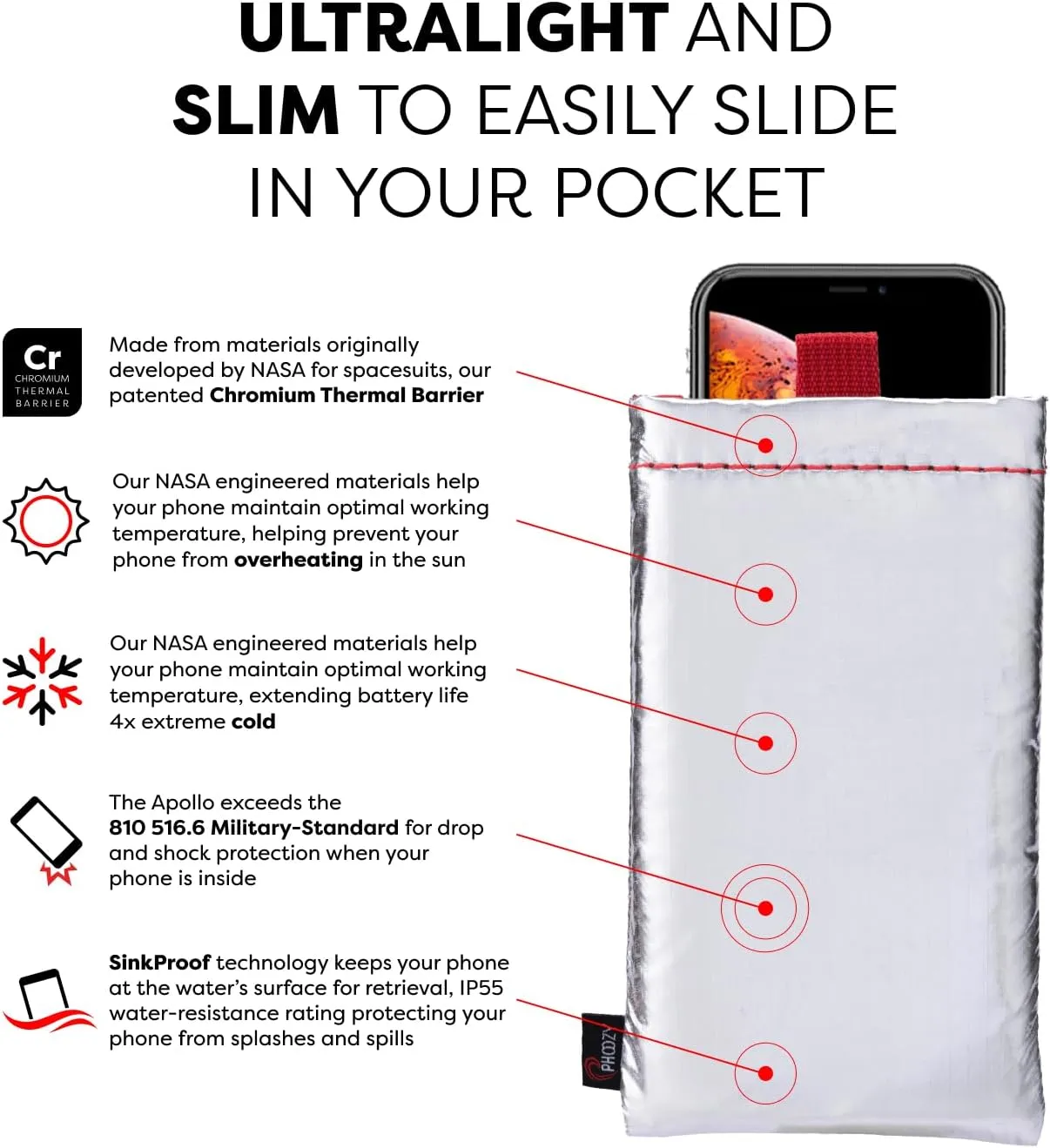 PHOOZY Thermal Phone Case - Apollo Series : Cell Phone Pouch Prevents Overheating from Sun Exposure, Extends Battery Life, Provides Drop Protection and Floats in Water (Large-Silver)