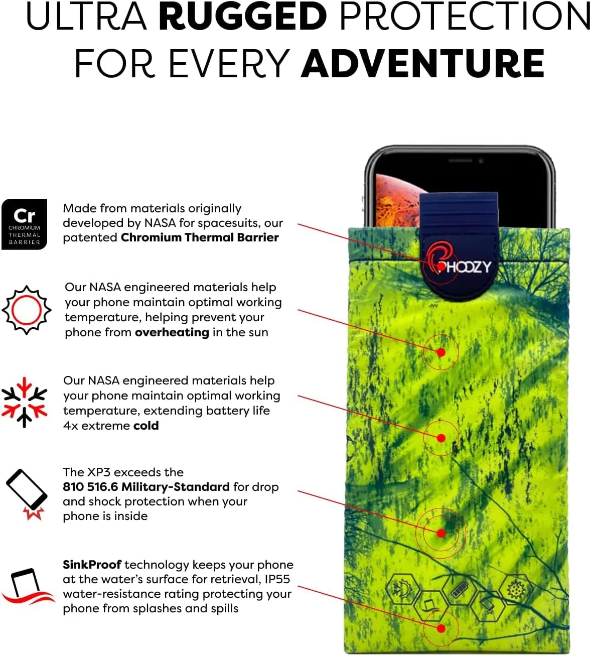 PHOOZY Thermal Phone Case - XP3 Series: Ultra-Rugged Insulated Cell Phone Pouch Prevents Overheating, Extends Battery Life, Drop Protection, Floats in Water, New AGION Lining (Large-Green)
