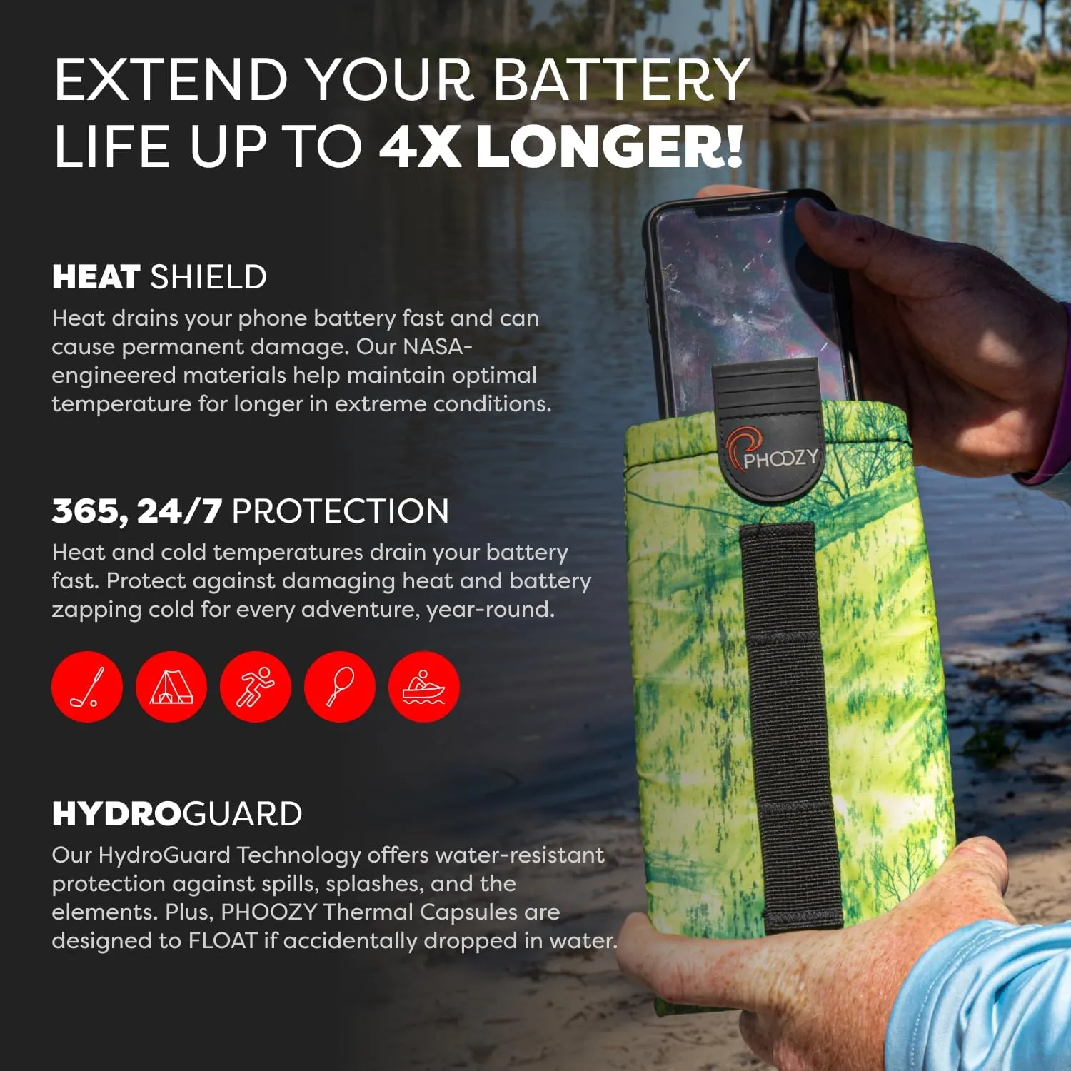PHOOZY Thermal Phone Case - XP3 Series: Ultra-Rugged Insulated Cell Phone Pouch Prevents Overheating, Extends Battery Life, Drop Protection, Floats in Water, New AGION Lining (Large-Green)