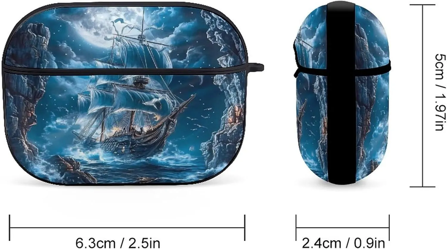 Piratees Ship Moon Ocean Earbud Case Bluetooth Headphone Case Full Protective Case with Keychain Compatible with Airpods Pro Black-Style