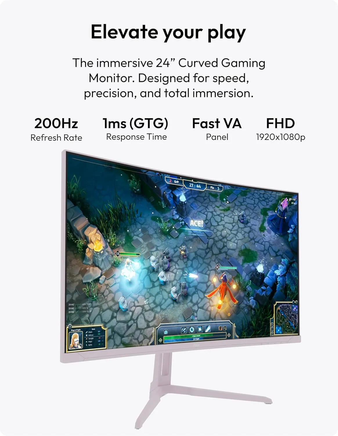 Pixio PXC248 Wave Pink 24 inch 200Hz Refresh Rate FHD 1080p Resolution 1500R Curve Fast VA Panel 1ms GTG Response Time Adaptive Sync HDR Curved Gaming Monitor