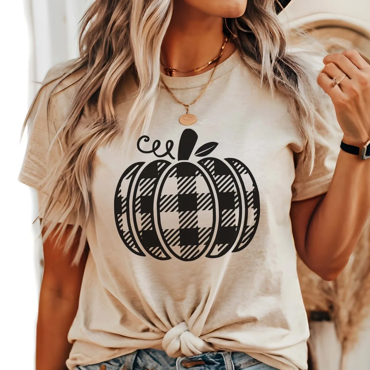 Plaid Pumpkin Wholesale Bella Graphic Tee - Fast Shipping