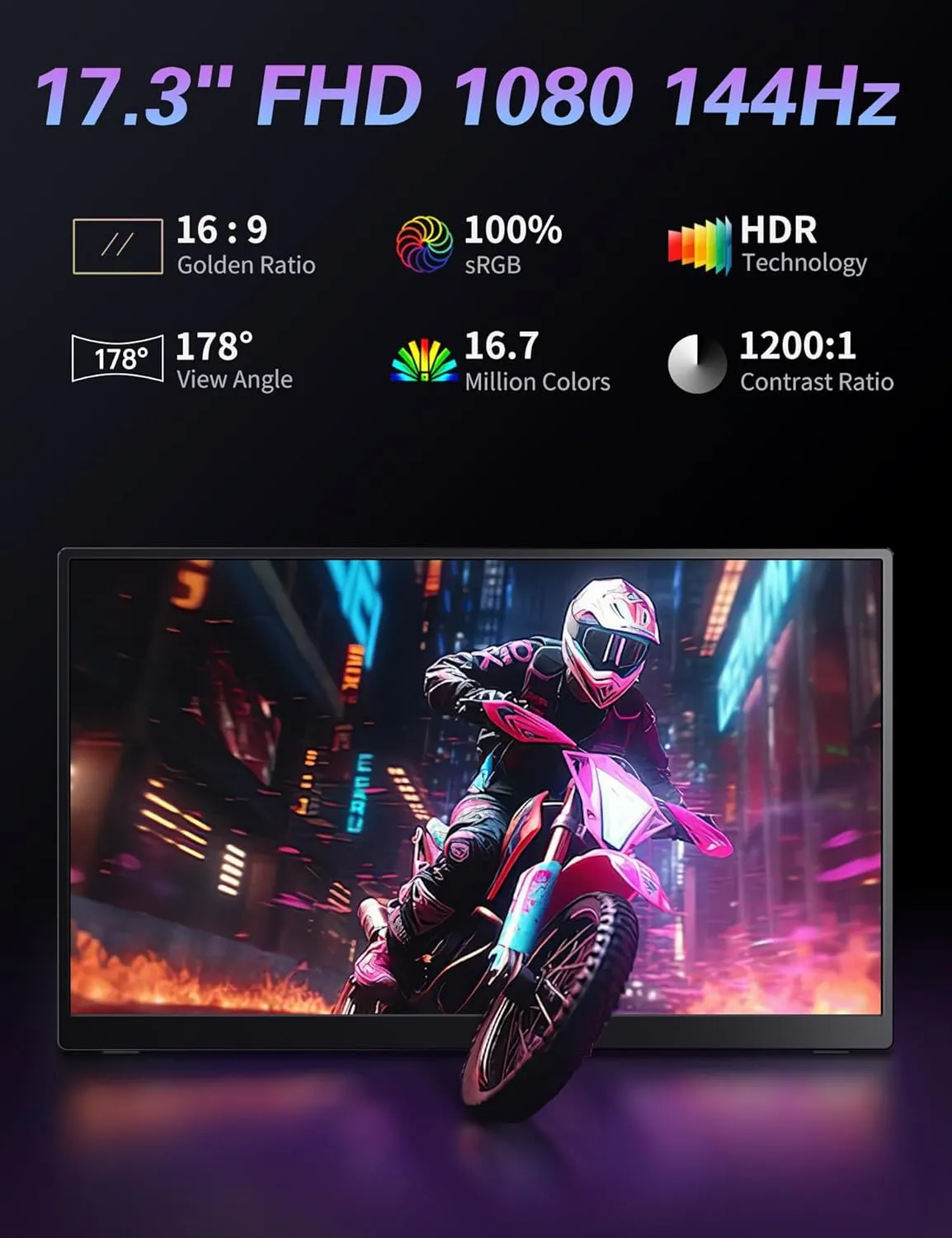 Portable 17.3" FHD 144Hz HDR Gaming Monitor, Travel Monitor with Kickstand & Speakers, USB-C HDMI External for Laptop Mac Xbox Switch PS5/4