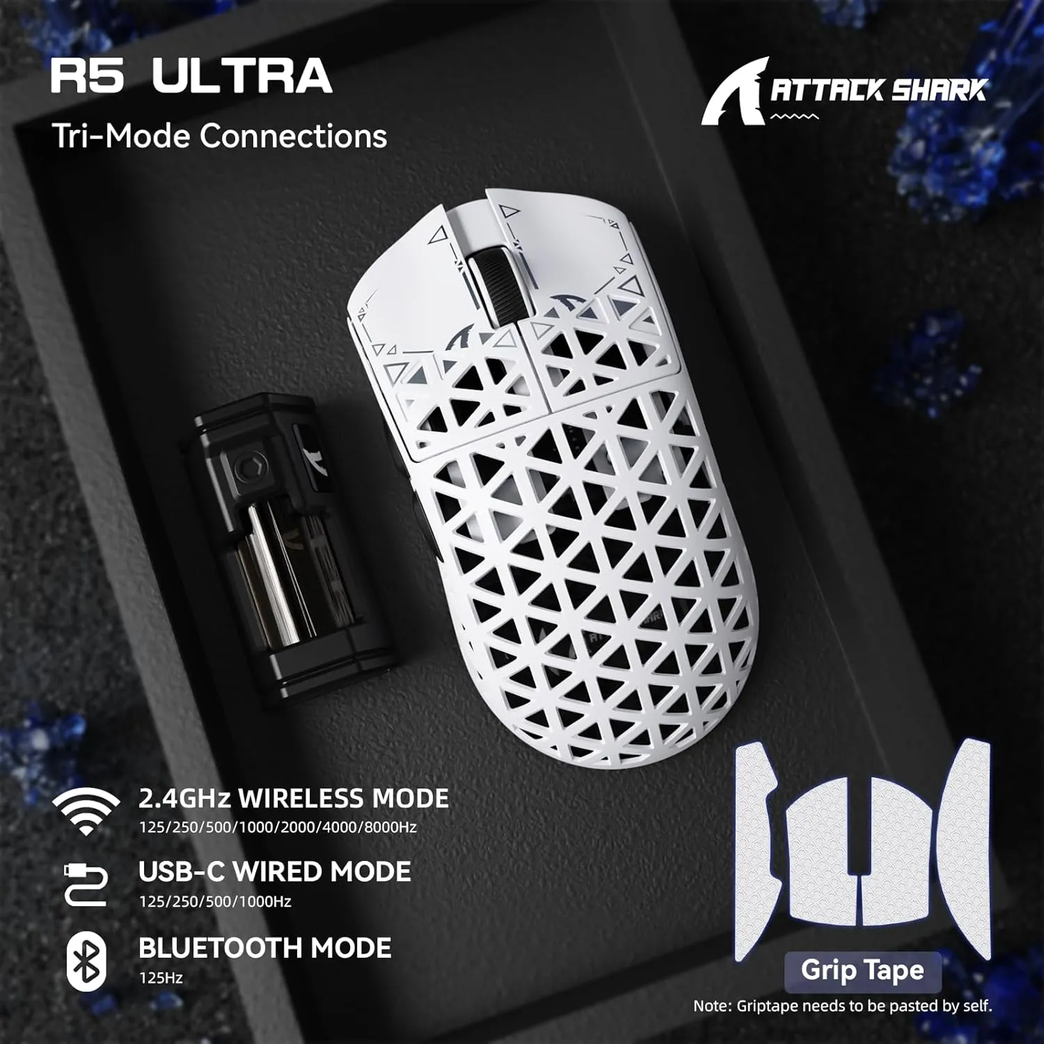 R5Ultra 8K Carbon Fiber Wireless Gaming Mouse with 42,000 DPI -PAW3950 MAX Sensor -Nordic 52840 MCU Chip-39g Ultra-Lightweight -Wired/BT/2.4GHz Wireless Programmable Mice Griptape for PC/Mac(White)