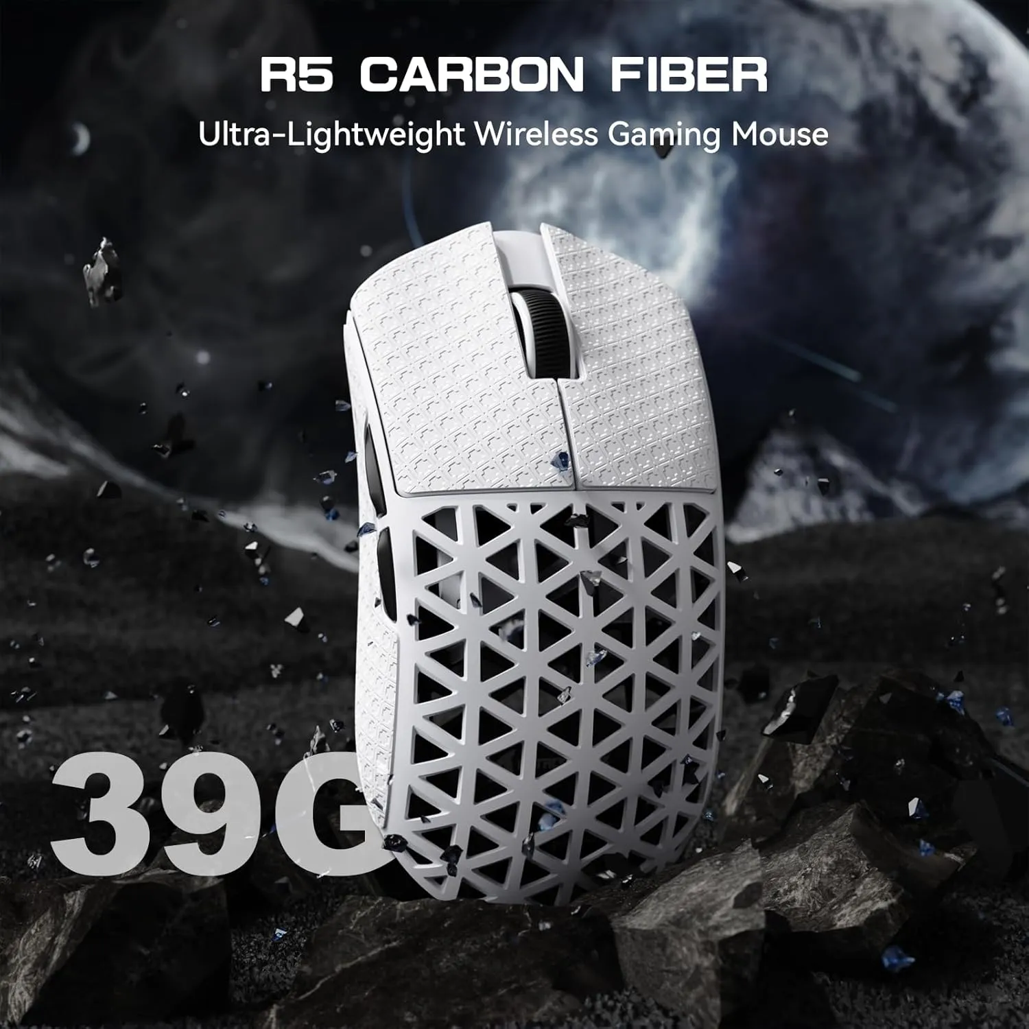 R5Ultra 8K Carbon Fiber Wireless Gaming Mouse with 42,000 DPI -PAW3950 MAX Sensor -Nordic 52840 MCU Chip-39g Ultra-Lightweight -Wired/BT/2.4GHz Wireless Programmable Mice Griptape for PC/Mac(White)