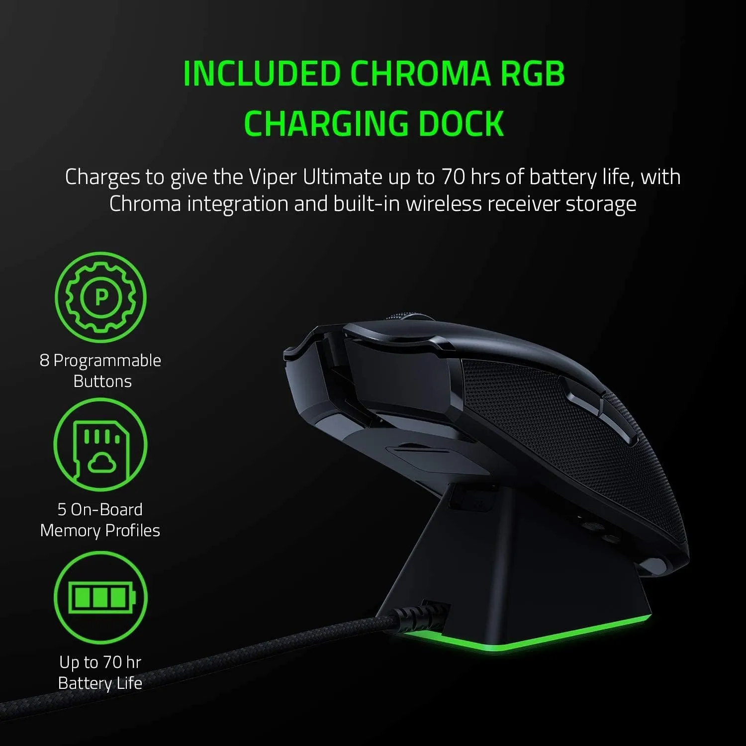 Razer Viper Ultimate with Charging Dock - Ambidextrous Esports Gaming Mouse Powered by HyperSpeed Wireless Technology (Focus  20K Optical Sensor, 74g Lightweight, RGB Chroma) Black