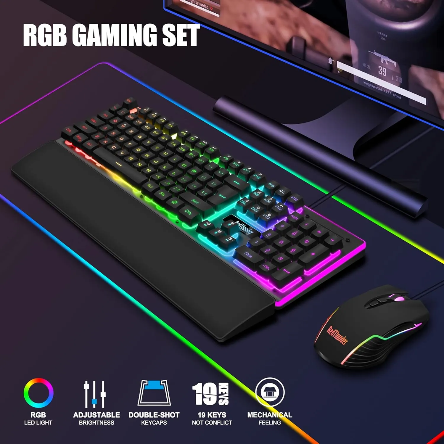 RedThunder K10 Wired Gaming Keyboard and Mouse and Wrist Rest Combo, RGB Backlit, Mechanical Feel Anti-ghosting Keyboard   7D 7200 DPI Mice Soft Leather Wrist Rest 3 in 1 PC Gamer Accessories(Black)