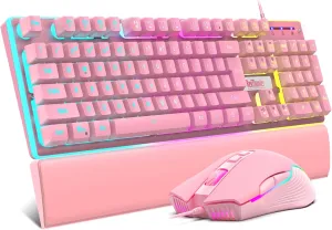 RedThunder K10 Wired Gaming Keyboard and Mouse and Wrist Rest Combo, RGB Backlit, Mechanical Feel Anti-ghosting Keyboard   7D 7200 DPI Mice Soft Leather Wrist Rest 3 in 1 PC Gamer Accessories(Pink)