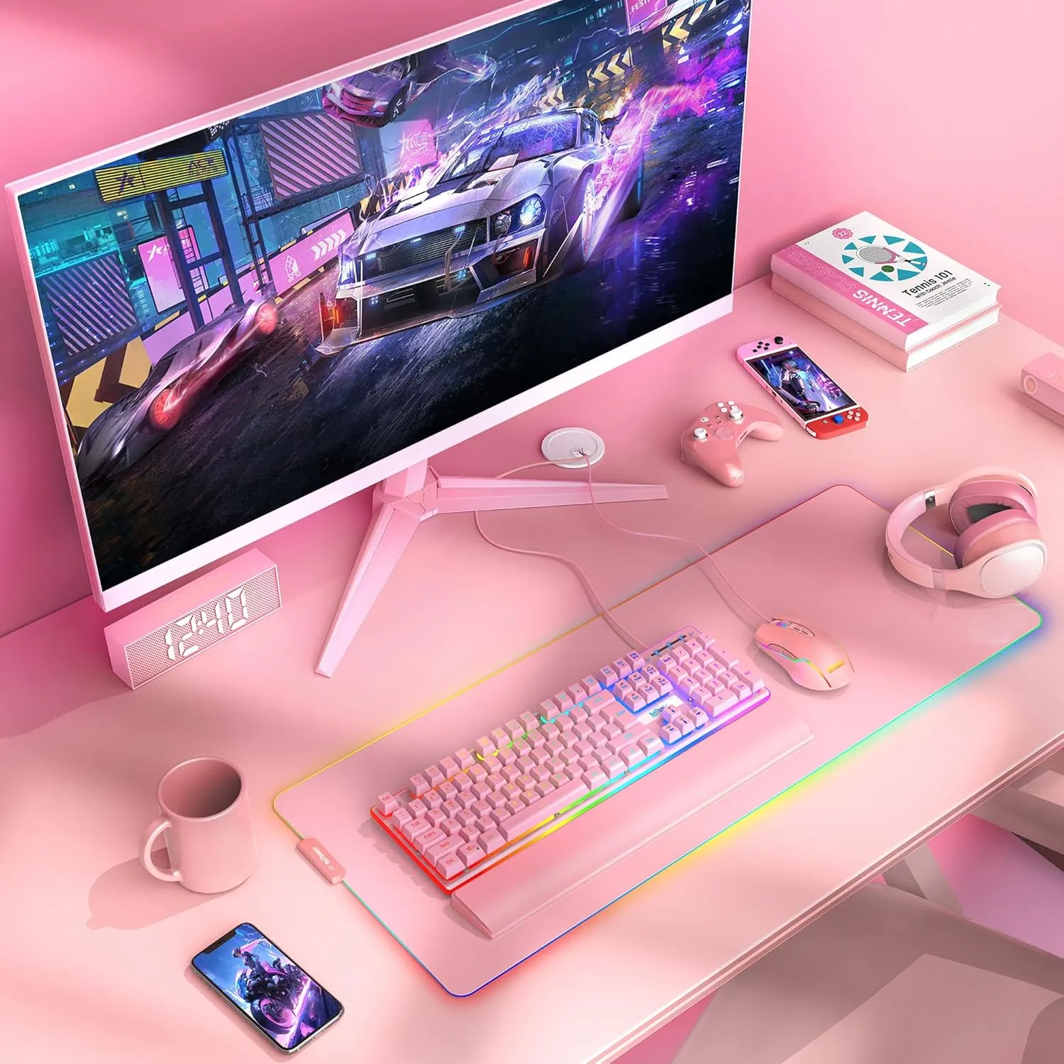 RedThunder K10 Wired Gaming Keyboard and Mouse and Wrist Rest Combo, RGB Backlit, Mechanical Feel Anti-ghosting Keyboard   7D 7200 DPI Mice Soft Leather Wrist Rest 3 in 1 PC Gamer Accessories(Pink)
