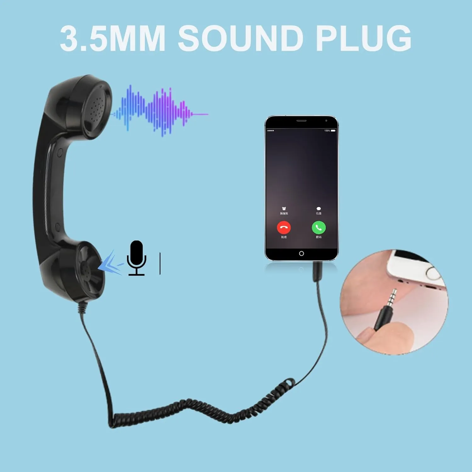 Retro Telephone Handset, Cell Phone Handset with Radiation Proof, 3.5mm Sound Plug, Handheld Cell Phone Receiver for Mobile Phone, Computer (Black)