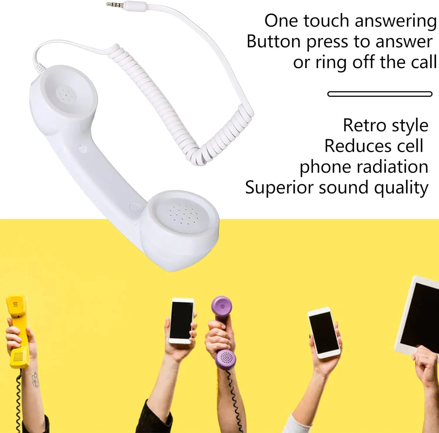 Retro Telephone Handset, Cell Phone Handset with Raniation Proof, 3.5mm Sound Plug, Handheld Cell Phone Receiver for Mobile Phone, Computer (White)