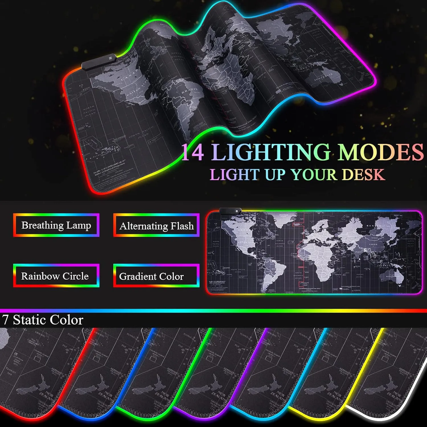 RGB Gaming Mouse Pad, Extra Large Gaming Mouse Mat for Gamer, Waterproof Office Desktop Mat with 14 Lighting Mode, Waterproof Desk Pad for PC Computer,Office (Map)