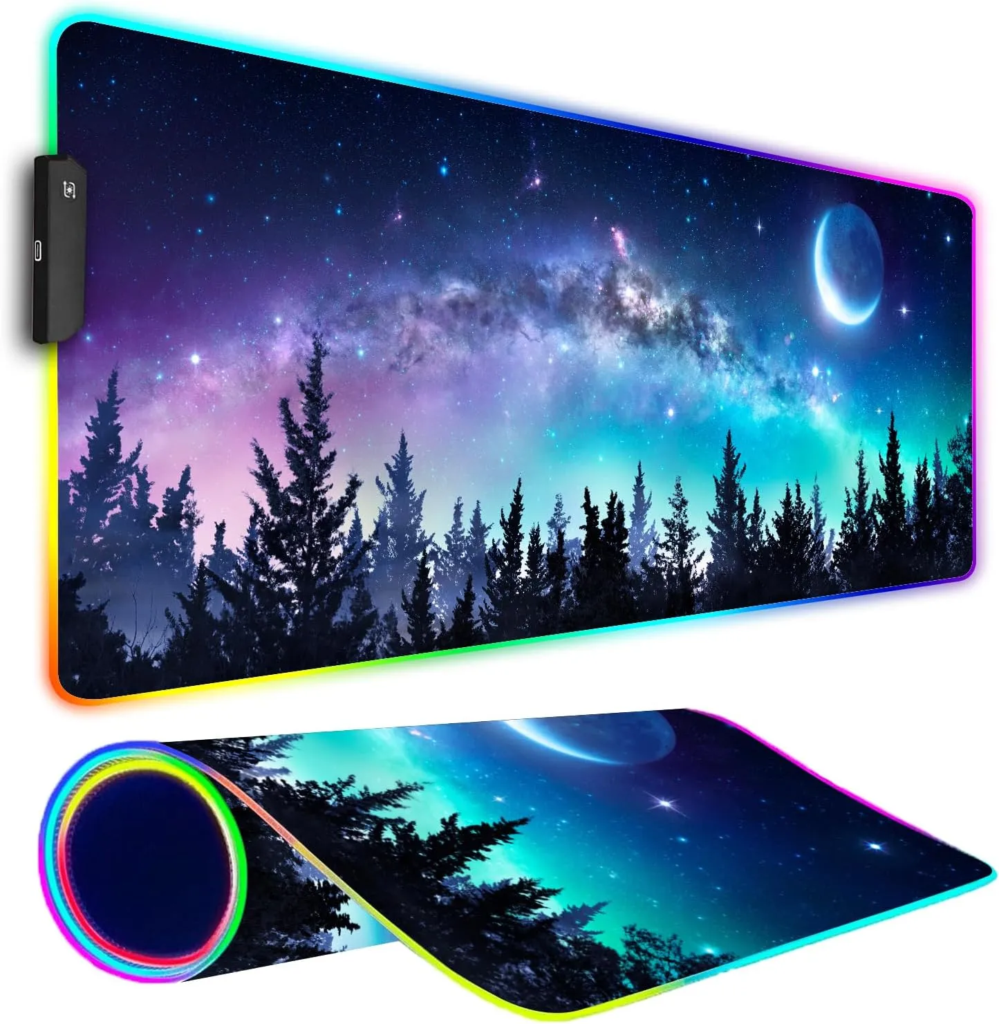 RGB Gaming Mouse Pad, Large Mousepad with Led Light, Gaming Accessories Keyboard Pad for Desk, Non-Slip Rubber Base Big Mouse Mat for Gamer, 31.5 X 11.8 Inch, Moon Starry Sky