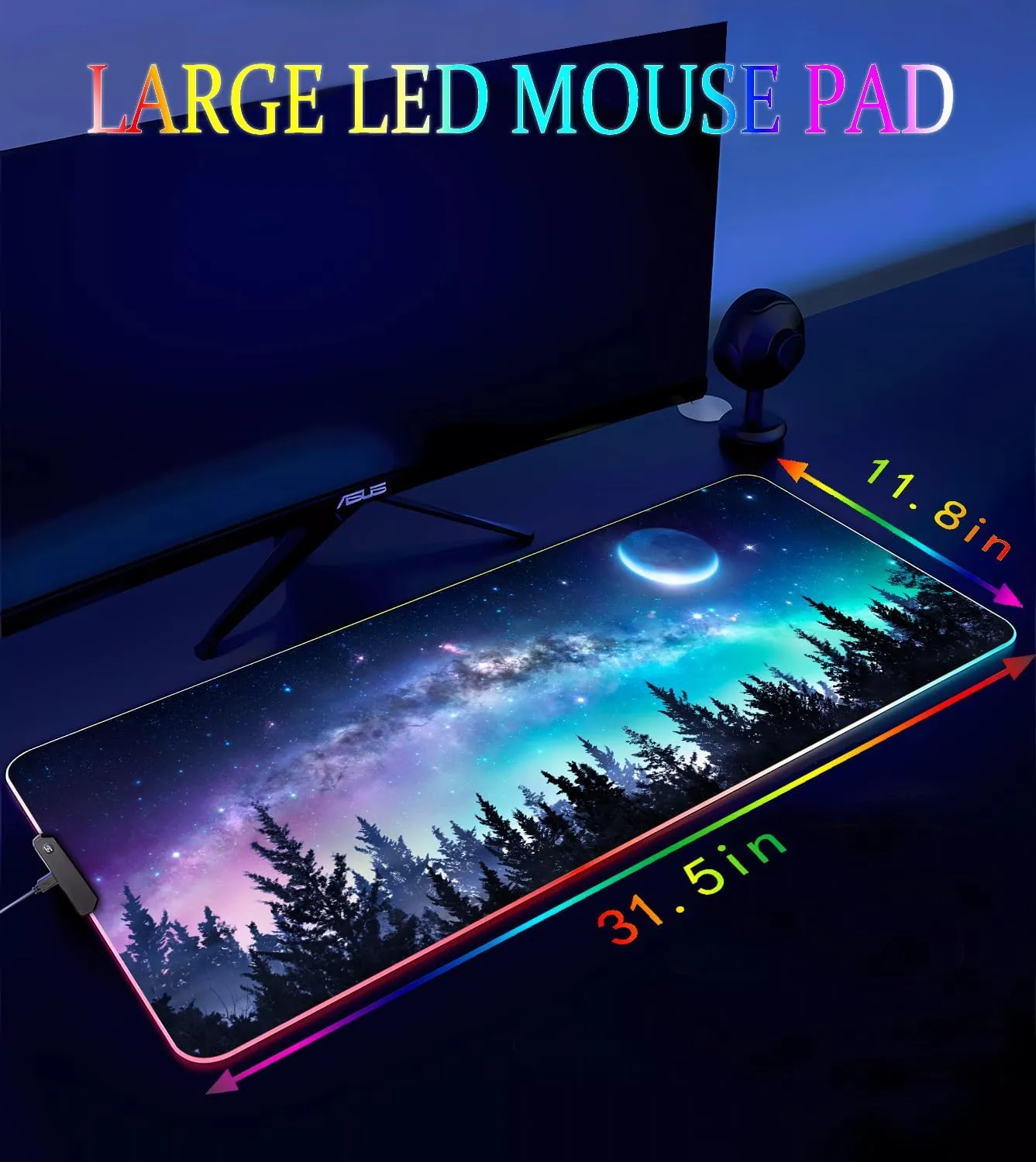 RGB Gaming Mouse Pad, Large Mousepad with Led Light, Gaming Accessories Keyboard Pad for Desk, Non-Slip Rubber Base Big Mouse Mat for Gamer, 31.5 X 11.8 Inch, Moon Starry Sky