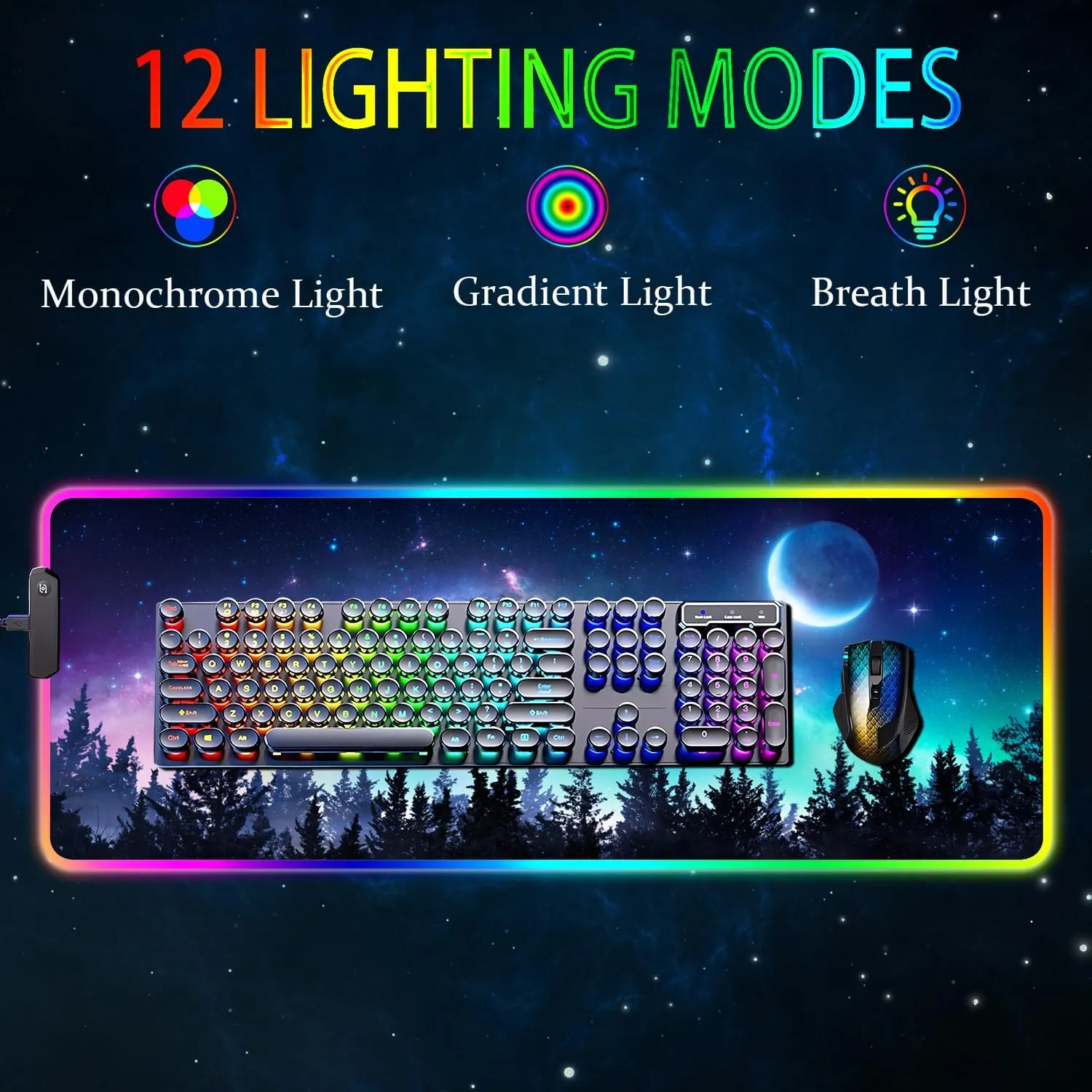 RGB Gaming Mouse Pad, Large Mousepad with Led Light, Gaming Accessories Keyboard Pad for Desk, Non-Slip Rubber Base Big Mouse Mat for Gamer, 31.5 X 11.8 Inch, Moon Starry Sky
