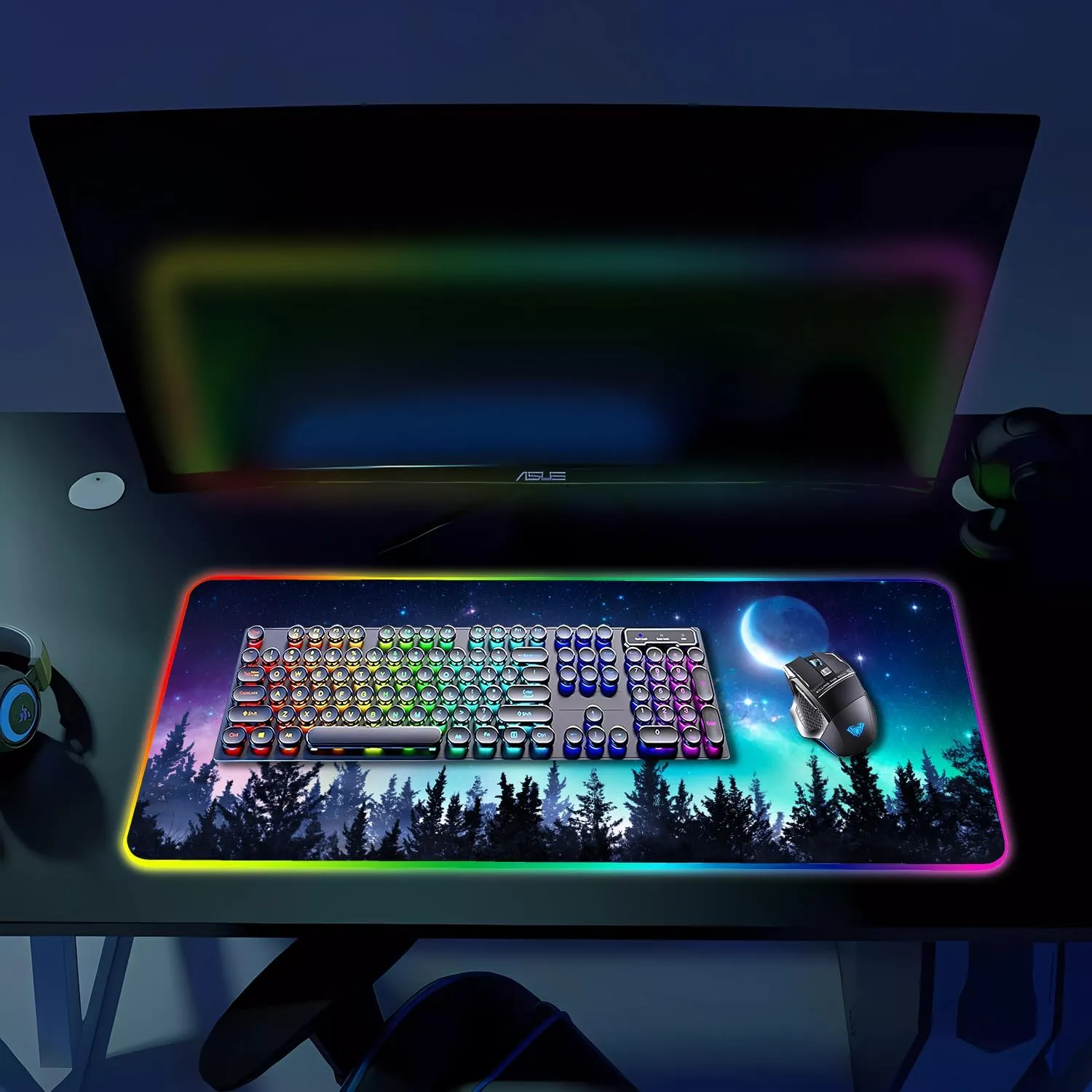 RGB Gaming Mouse Pad, Large Mousepad with Led Light, Gaming Accessories Keyboard Pad for Desk, Non-Slip Rubber Base Big Mouse Mat for Gamer, 31.5 X 11.8 Inch, Moon Starry Sky
