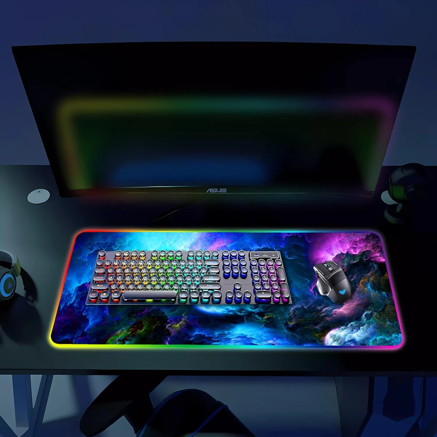 RGB Gaming Mouse Pad, Large Mousepad with Led Light, Keyboard Pad Gaming Accessories for Desk, Non-Slip Rubber Base Big Mouse Mat for Gamer, 31.5 X 11.8 Inch, Dazzling Galaxy