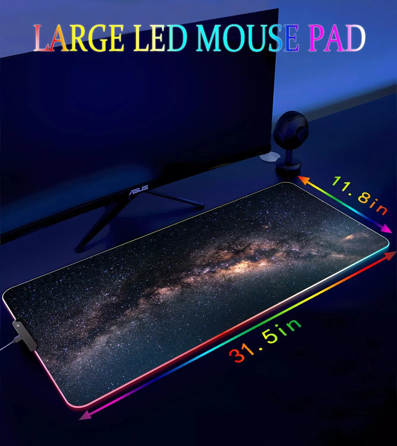 RGB Gaming Mouse Pad, Large Mousepad with Led Light, Keyboard Pad Gaming Accessories for Desk, Non-Slip Rubber Base Big Mouse Mat for Gamer, 31.5 X 11.8 Inch, Galaxy
