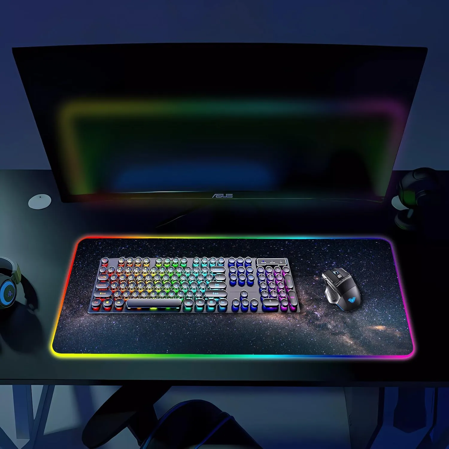 RGB Gaming Mouse Pad, Large Mousepad with Led Light, Keyboard Pad Gaming Accessories for Desk, Non-Slip Rubber Base Big Mouse Mat for Gamer, 31.5 X 11.8 Inch, Galaxy