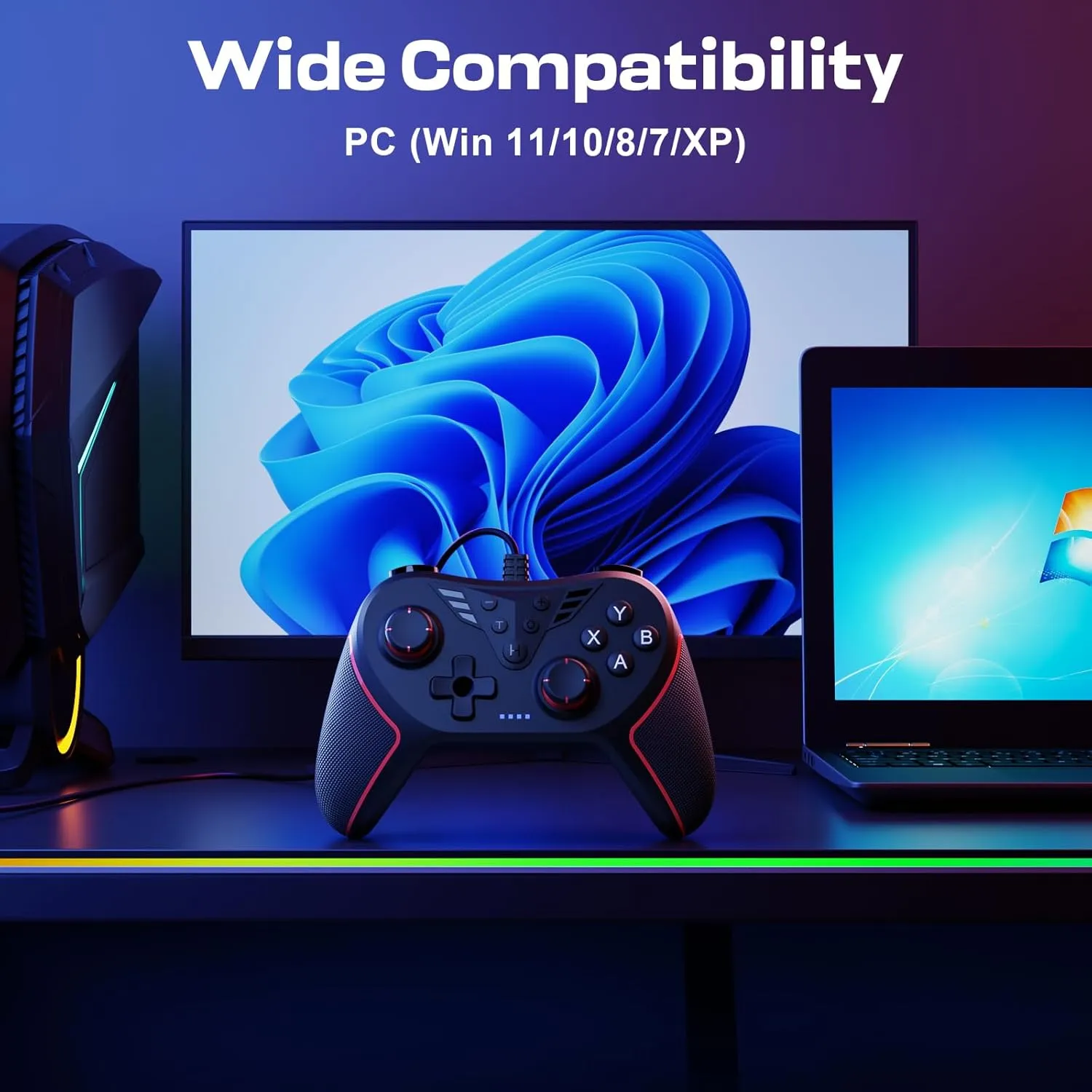 RivalPlay PC Controller with 2-Button Mapping, Wired Controller Compatible for Win(7/8/10/11) Joystick with Adjustable Vibration and 3 Turbo Speeds Plug-and-Play Black