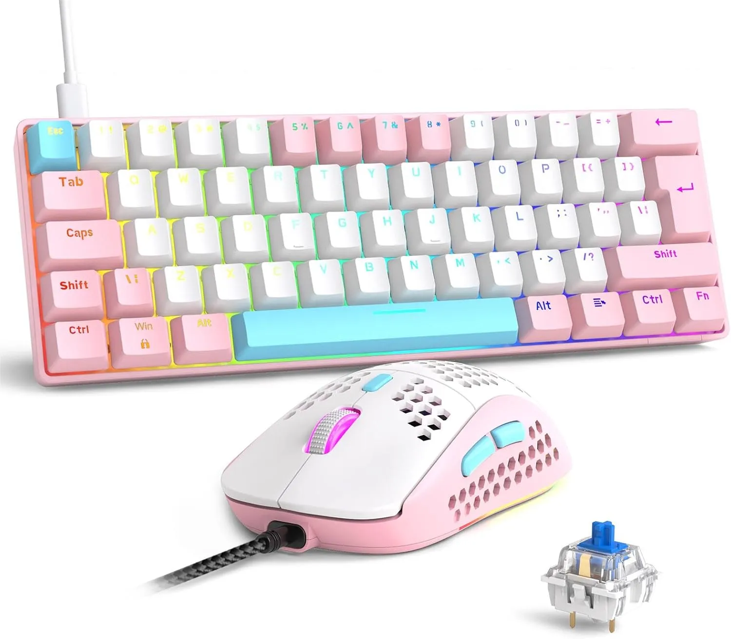 RK-T60 Wired 60% TKL Mechanical Gaming Keyboard Led Rainbow Backlight Ultra-Compact NKRO Linear Red Switch ABS Keycap RGB Honeycomb Mice Coiled Aviator Cable for Windows Laptop PS4/PC/WIN Gamer