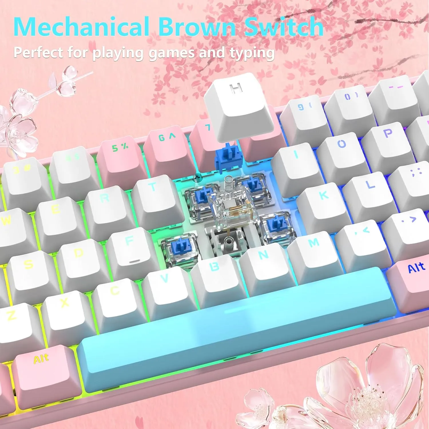 RK-T60 Wired 60% TKL Mechanical Gaming Keyboard Led Rainbow Backlight Ultra-Compact NKRO Linear Red Switch ABS Keycap RGB Honeycomb Mice Coiled Aviator Cable for Windows Laptop PS4/PC/WIN Gamer