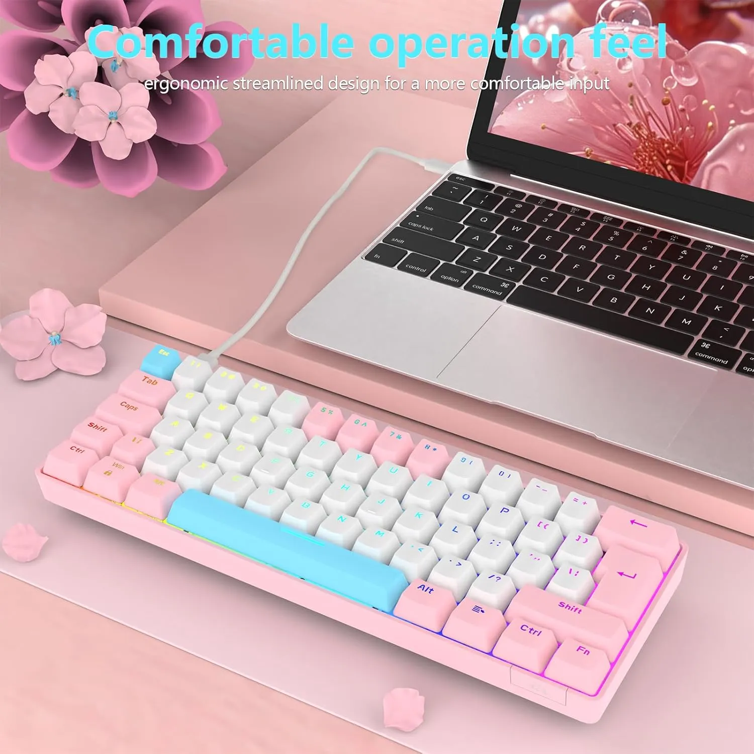 RK-T60 Wired 60% TKL Mechanical Gaming Keyboard Led Rainbow Backlight Ultra-Compact NKRO Linear Red Switch ABS Keycap RGB Honeycomb Mice Coiled Aviator Cable for Windows Laptop PS4/PC/WIN Gamer