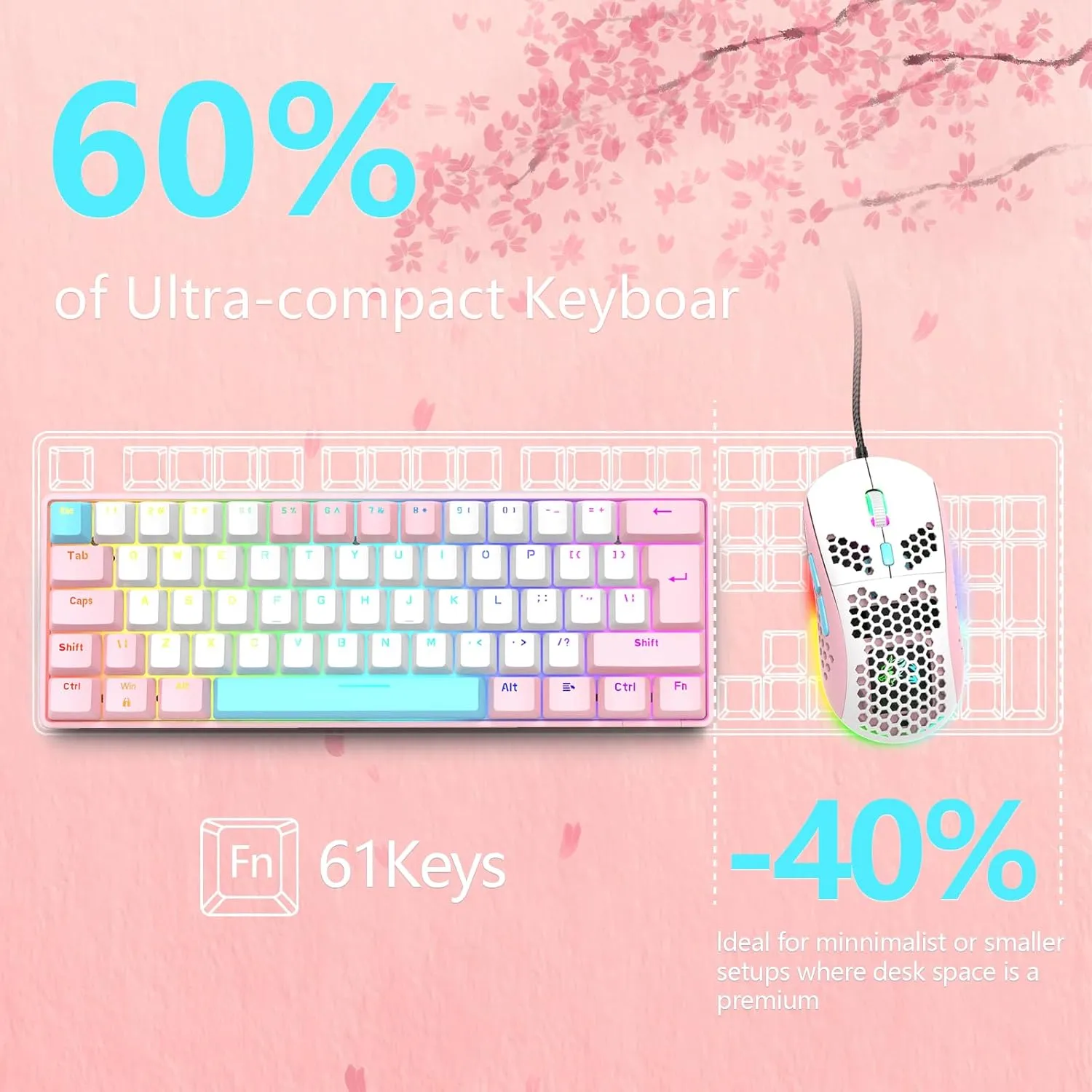 RK-T60 Wired 60% TKL Mechanical Gaming Keyboard Led Rainbow Backlight Ultra-Compact NKRO Linear Red Switch ABS Keycap RGB Honeycomb Mice Coiled Aviator Cable for Windows Laptop PS4/PC/WIN Gamer