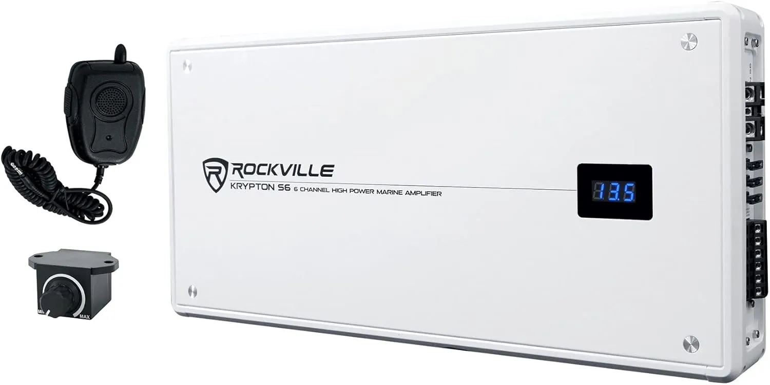 Rockville Krypton S6 2600W 6-Channel Marine Amplifier 4 Ohm, Bluetooth, PA Mic Included, IP66 Water-Resistant, Compact, Perfect for Boats and Marine Audio