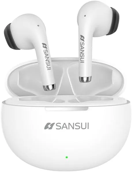 SANSUI W6 True TWS Semi-in-Ear Earphones, Wireless 5.4, Low Latency Gaming, Hi-Fi Stereo, 13MM Drivers, 13 Hours Playtime, Charging Case (White)