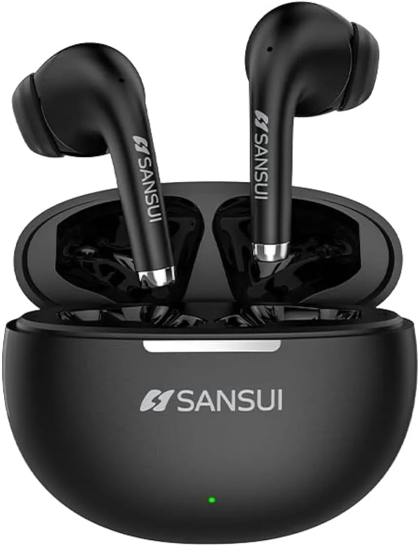 SANSUI W6 True TWS Semi-in-Ear Earphones, Wireless 5.4, Low Latency Gaming, Hi-Fi Stereo, ENC Noise Canceling, 13MM Drivers, 13 Hours Playtime, Charging Case (Black)